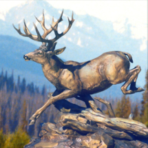 clark bronson, wildlife statues, sculpture, bronze, figures, castings, bronze, pieces, figurine, mule deer, buck, running, jumping log,f 