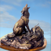 Calling the Pack $5,249 12"H X 16"W clark bronson, wildlife statues, sculpture, bronze, figures, castings, bronze, pieces, figurine, coyote howling, elk antlers