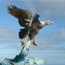 Majestic Fisherman $8,995 21"H X 23"W bald eagle, flying, bronze castings sculpture image piece figurine bald eagle catching fish salmon clark bronson