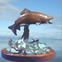 bronze casting, sculpture, figurine, clark bronson wildlife piece, fish, salmon, jumping trout 