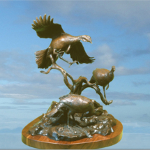 Gobblers' Roost $5,495 11"H X 15"W clark bronson, wildlife statues, sculpture, bronze, figures, castings, bronze, pieces, figurine, wild turkeys fly, land, gobblers