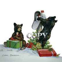 two black bear cubs, christmas, presents, mailbox, watercolor painting, picture, art, snow scene, clark bronson, wasps
