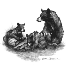 black bears, sow, cubs, creel, fish, basket, pencil drawing, sketch, art, illustration, picture, painting, clark bronson