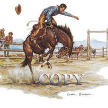 bucking horse, bronc, cowboy riding, coral, cowboys, western americana, watercolor scene, art, illustration, picture, painting, clark bronson